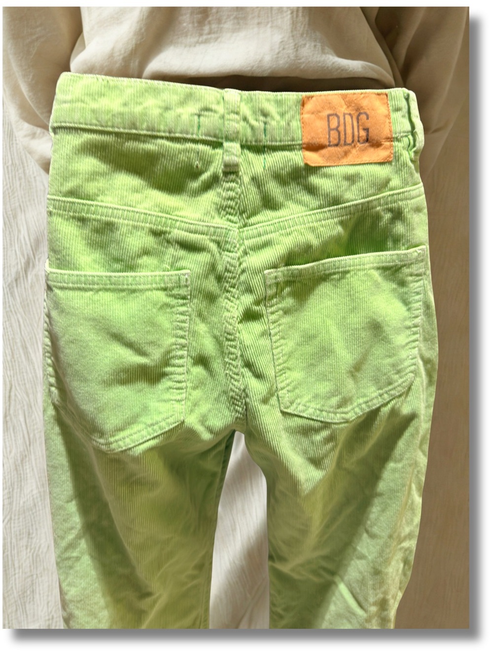 BDG Lime Green Straight Leg Corduroy Pants with Orange Patch